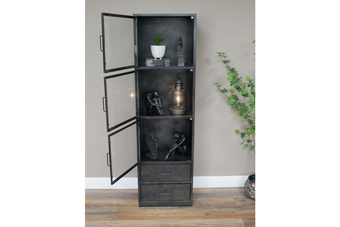 Grey Metal 3 Door & 2 Drawer Display Cabinet