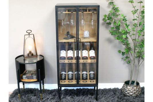 Black Metal & Wooden Industrial Wine Cabinet