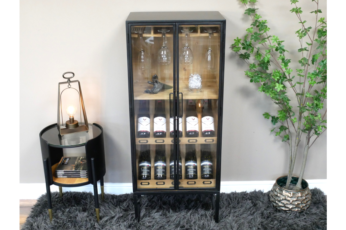 Black Metal & Wooden Industrial Wine Cabinet