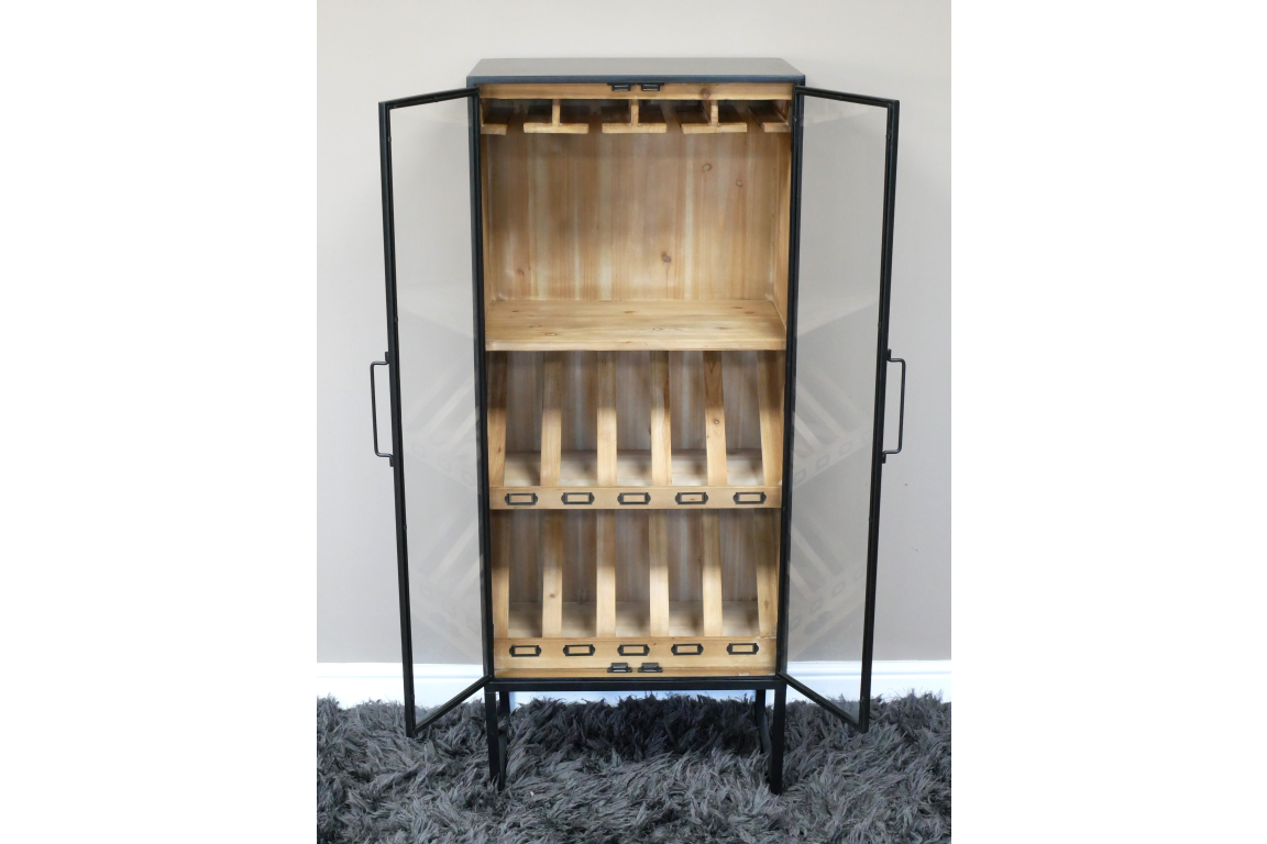 Black Metal & Wooden Industrial Wine Cabinet