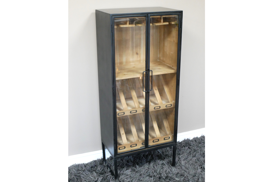 Black Metal & Wooden Industrial Wine Cabinet