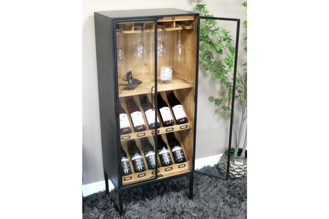 Black Metal & Wooden Industrial Wine Cabinet