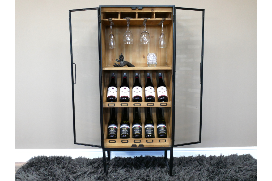 Black Metal & Wooden Industrial Wine Cabinet