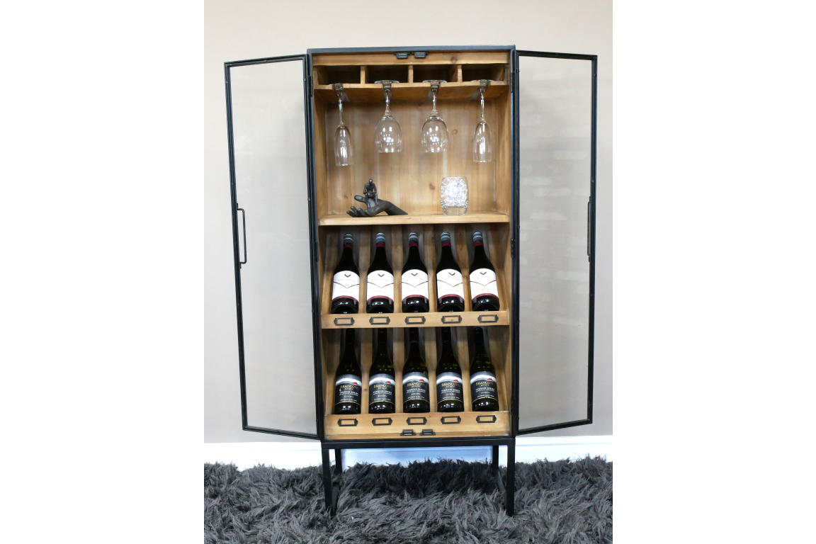 Black Metal & Wooden Industrial Wine Cabinet