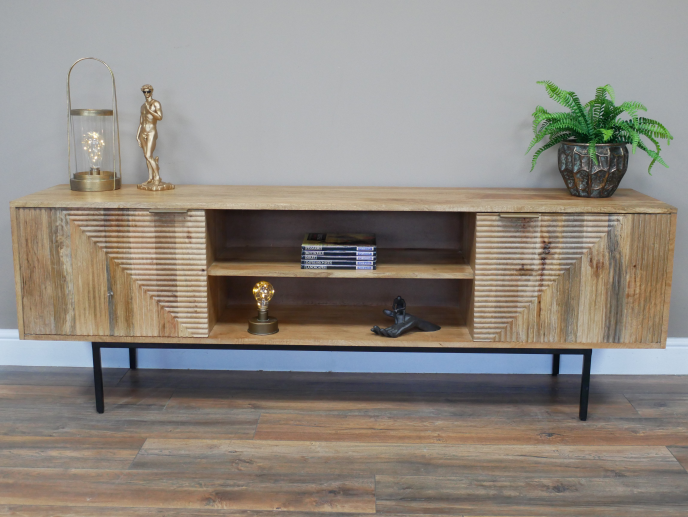 Retro Mango Wood Tv Cabinet with 2 Doors & Shelves