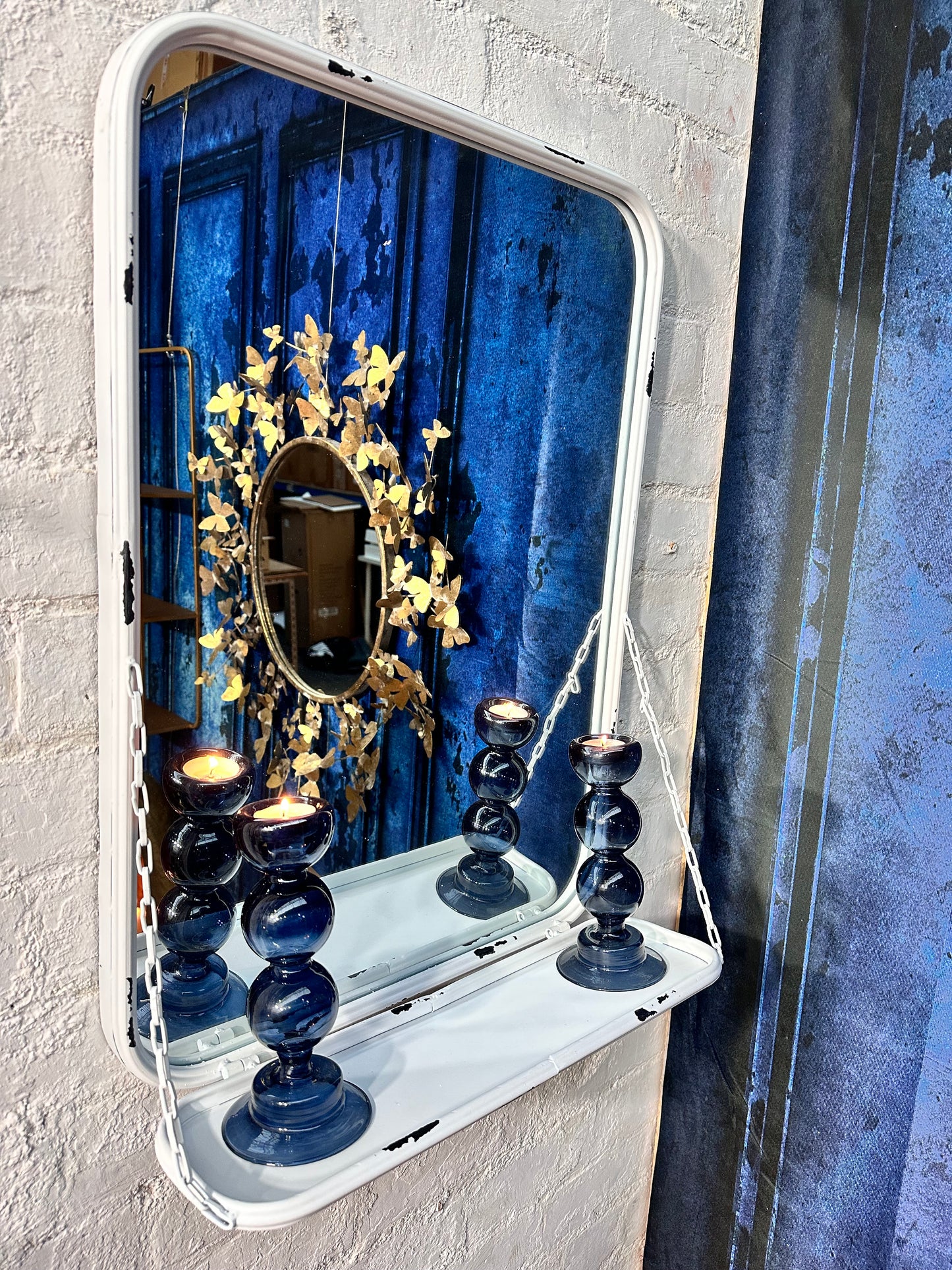 Distressed White Wall Mirror With Hanging Shelf