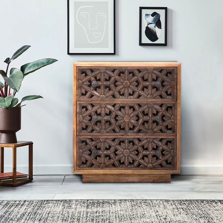 Zaayah Cut Work Wooden Three Chest of Drawers