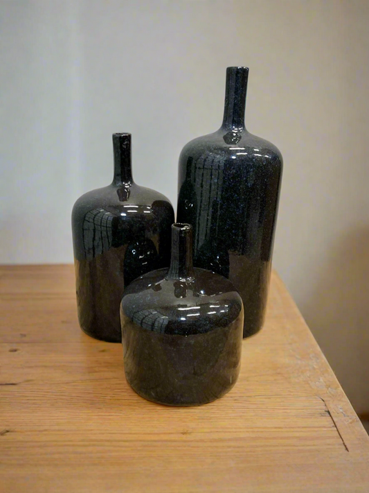 Set of Three Deep Grey Glaze Bottle Vases