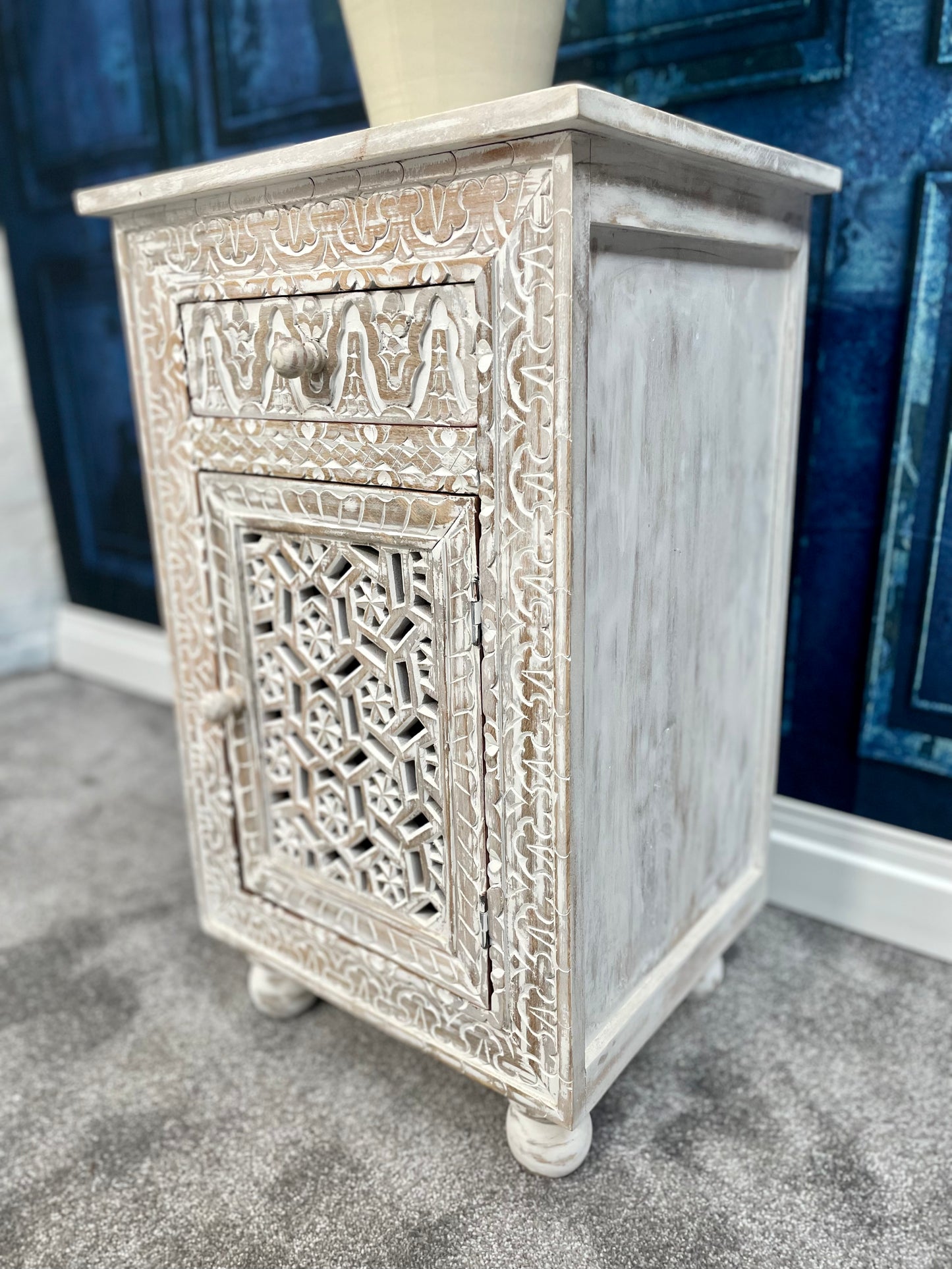 Sage Floral Carved Wooden Side Table In White