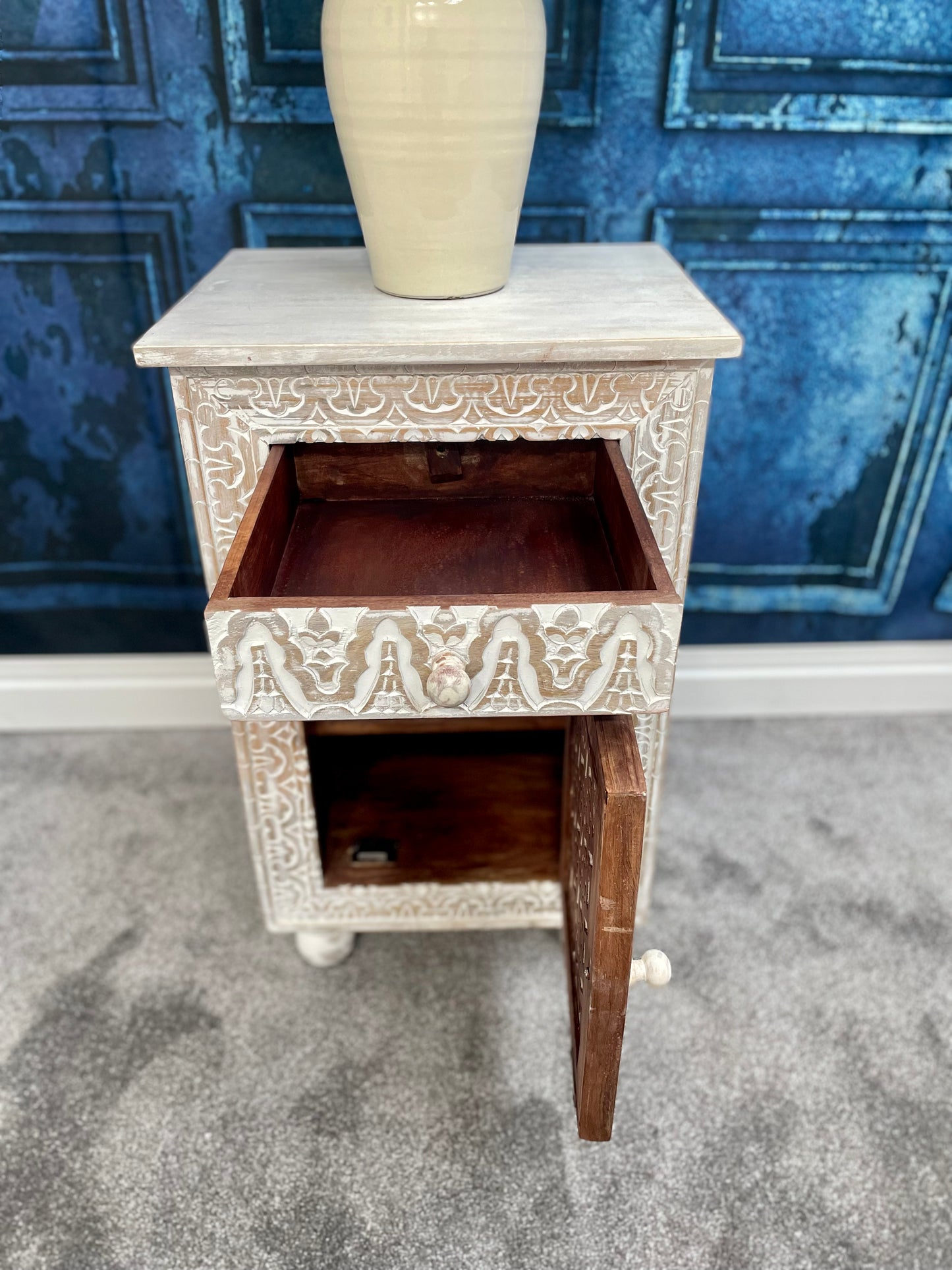 Sage Floral Carved Wooden Side Table In White