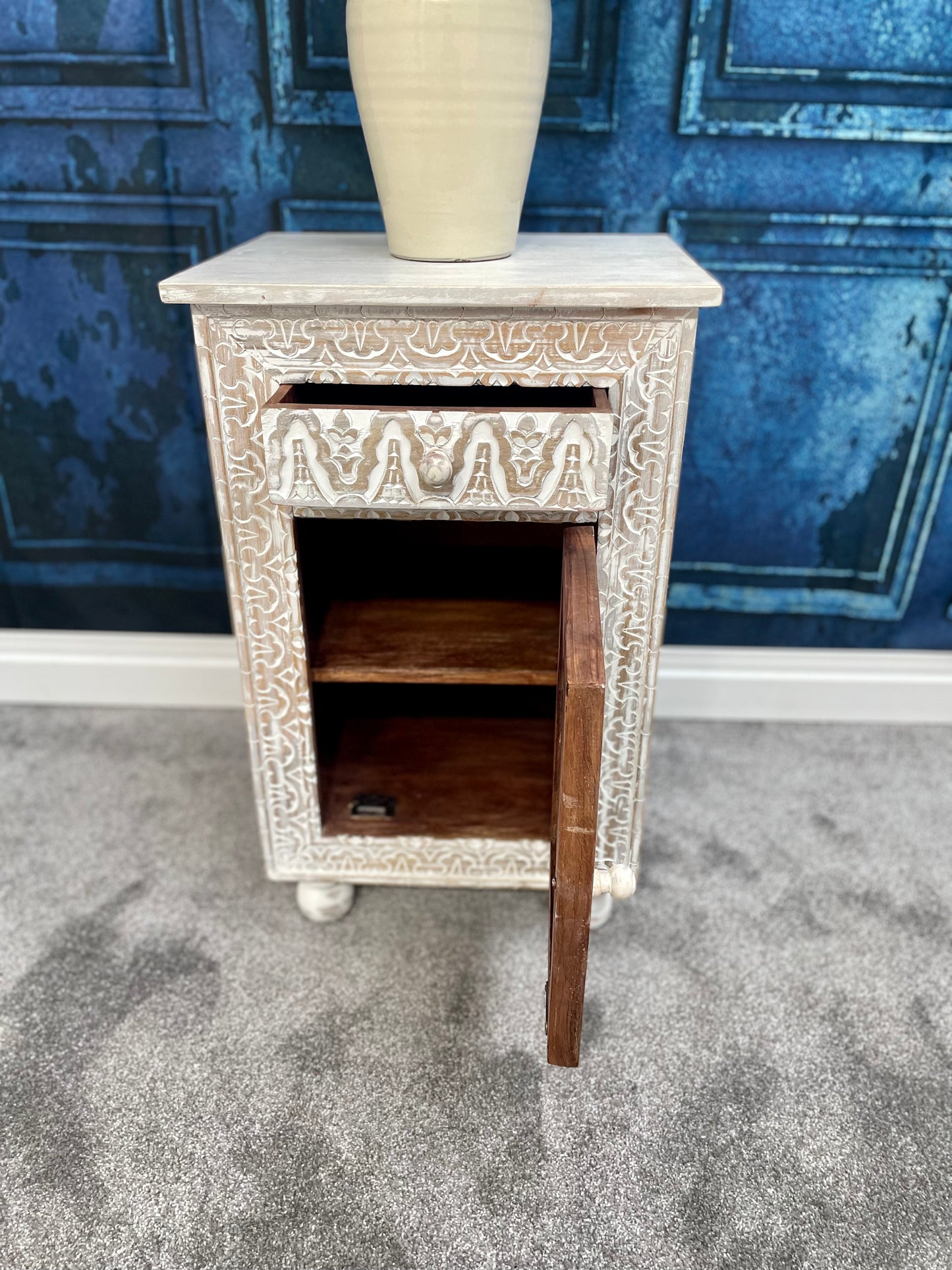 Sage Floral Carved Wooden Side Table In White