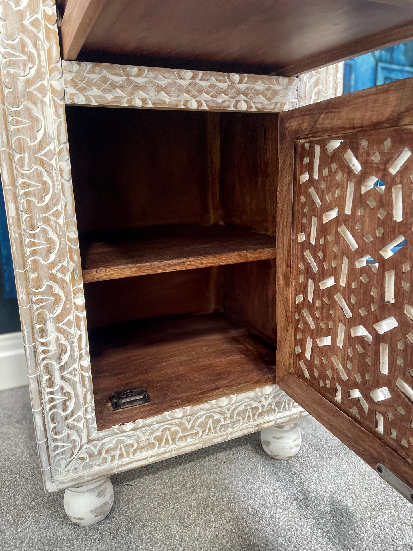 Sage Floral Carved Wooden Side Table In White