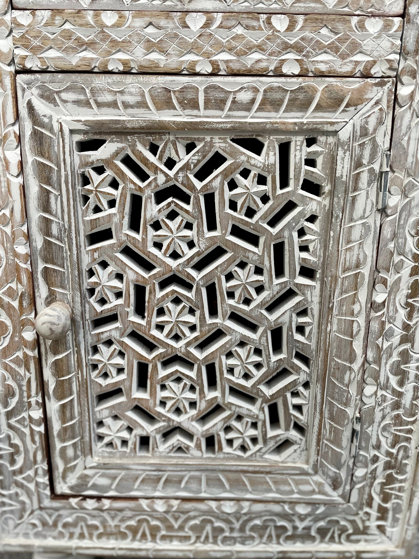 Sage Floral Carved Wooden Side Table In White