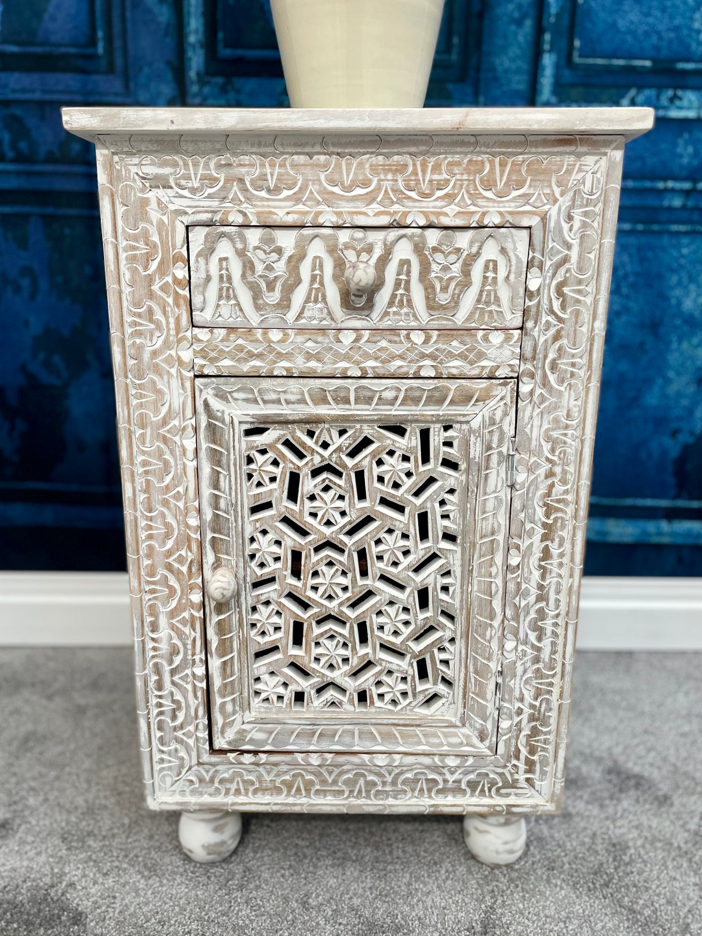 Sage Floral Carved Wooden Side Table In White