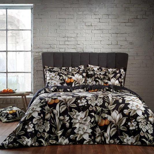 Lavish Floral Printed Piped Cotton Sateen Duvet Cover Set Noir (king)