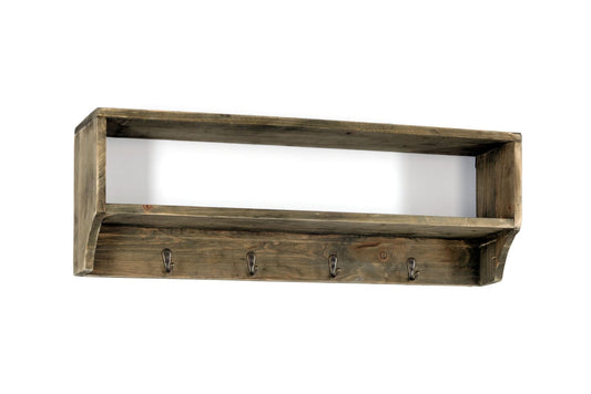 Wooden Wall Shelf with 4 Hooks 54 x 10 x 18 cm - Dark Brown