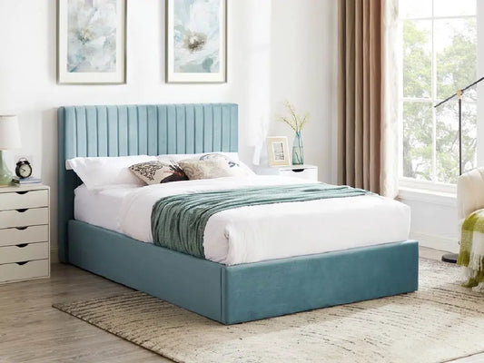 Bowden Sky Blue Ottoman Bed, Velvet Upholstery