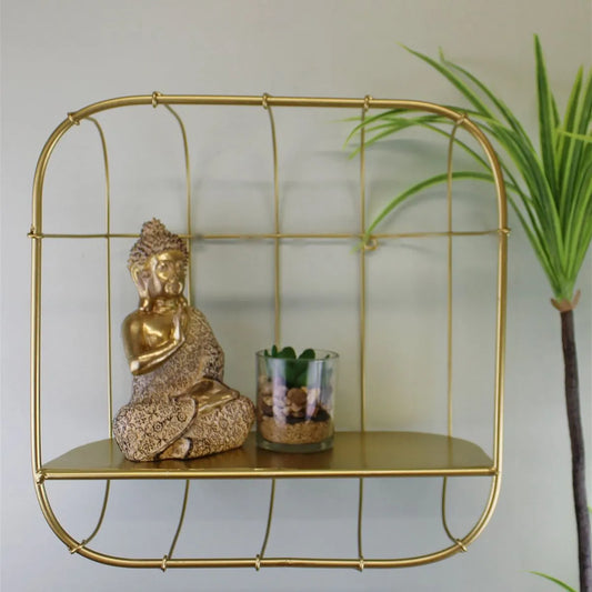 Gold Metal Wall Storage Shelf, Basket Design - Gold