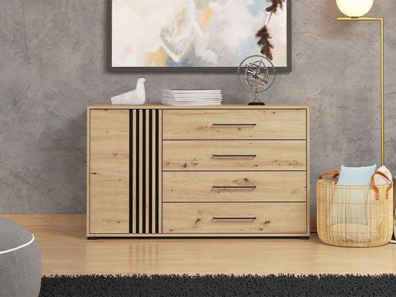 Parrott Oak Effect And Black 4 Drawer Sideboard