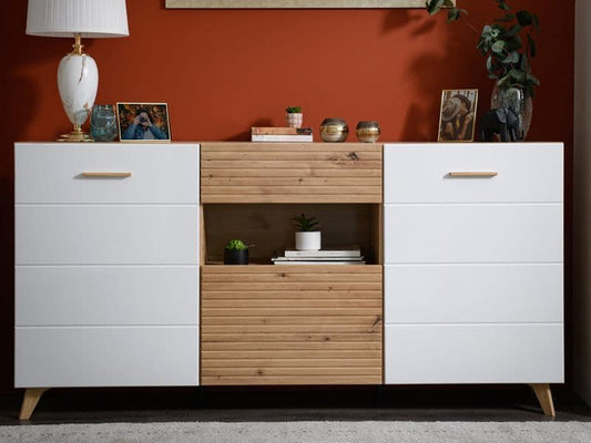 Oretta Slatted Artisan Oak Effect And White Gloss Sideboard