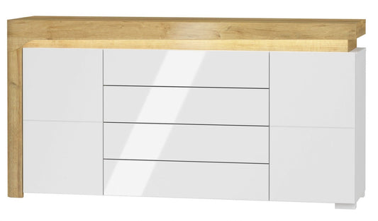 Mount Oak Effect And White Gloss 2 Door / 4 Drawer Sideboard With Lights