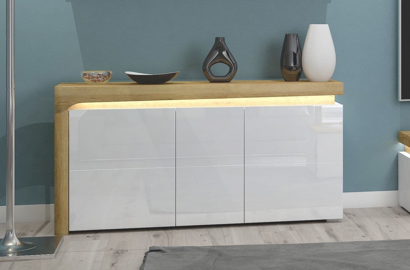 Mount Oak Effect and White Gloss 3 Door Sideboard With Lights