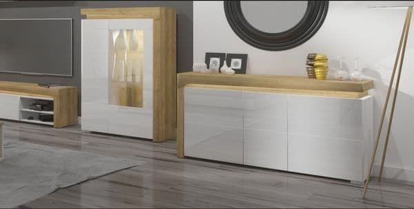 Mount Oak Effect and White Gloss 3 Door Sideboard With Lights