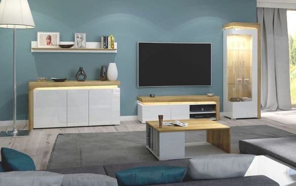 Mount Oak Effect And White Gloss TV Unit With Lights