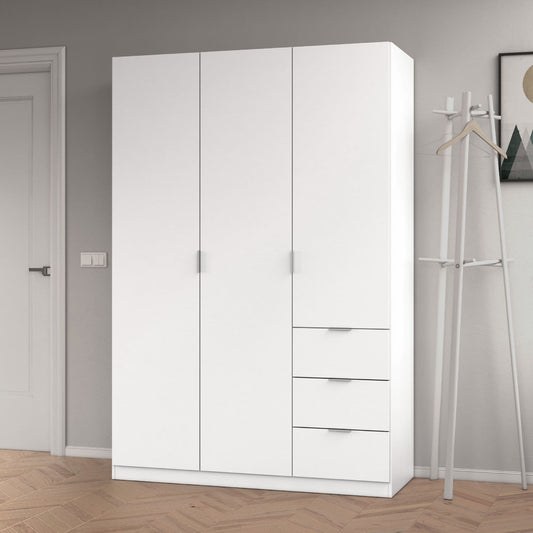 Odum Artic White Compact 3 Door 3 Drawer Space Saving 135cm Wardrobe