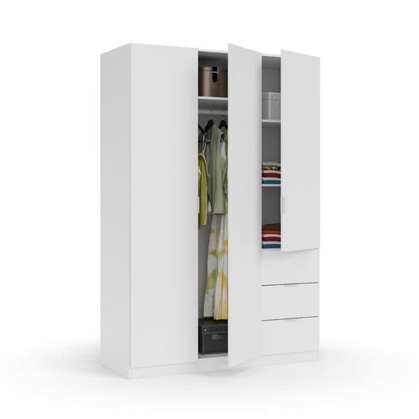 Odum Artic White Compact 3 Door 3 Drawer Space Saving 135cm Wardrobe