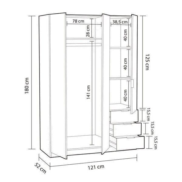 Odum Artic White Compact 3 Door 3 Drawer Space Saving Wardrobe