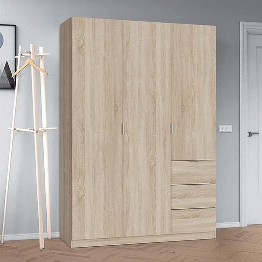 Odum Oak Effect Compact 3 Door 3 Drawer Space Saving 135cm Wardrobe