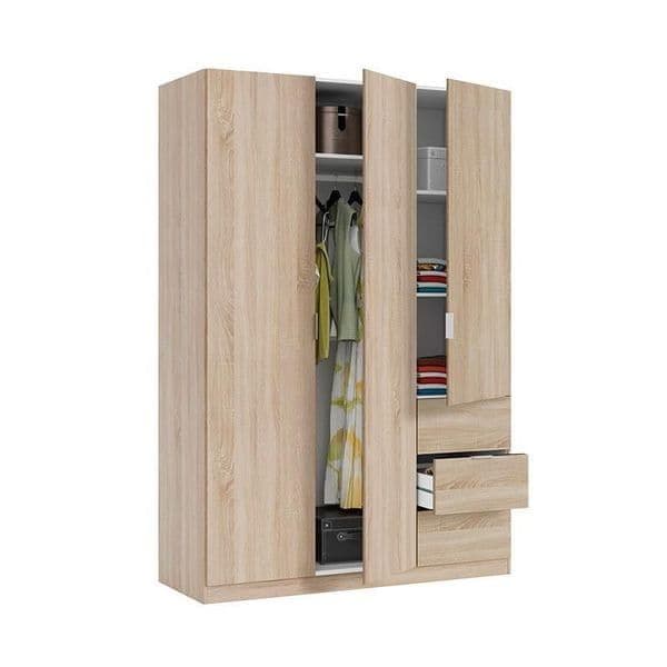 Odum Oak Effect Compact 3 Door 3 Drawer Space Saving 135cm Wardrobe