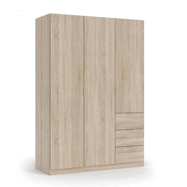 Odum Oak Effect Compact 3 Door 3 Drawer Space Saving 135cm Wardrobe