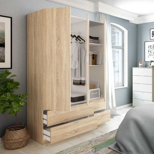 Odum Oak Effect Compact 3 Door 4 Drawer SpaceSaving 135cm Wardrobe