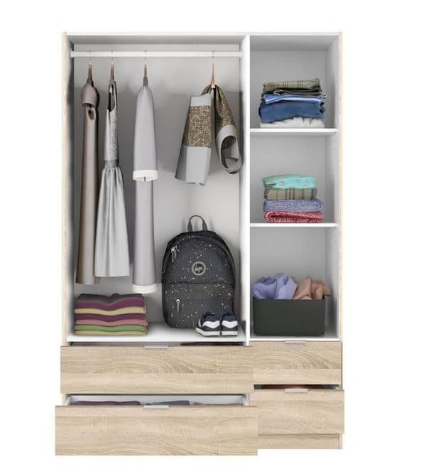 Odum Oak Effect Compact 3 Door 4 Drawer SpaceSaving 135cm Wardrobe