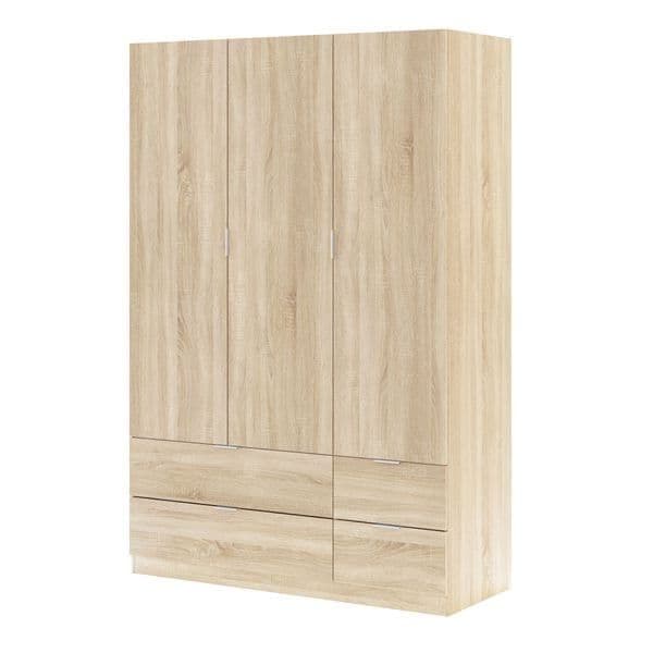 Odum Oak Effect Compact 3 Door 4 Drawer SpaceSaving 135cm Wardrobe