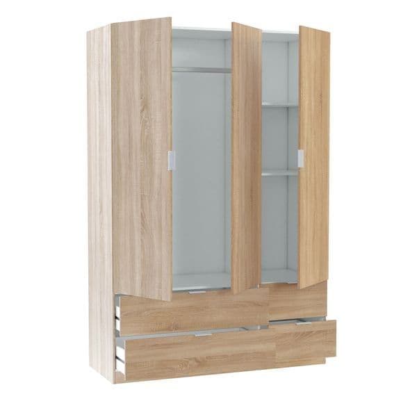 Odum Oak Effect Compact 3 Door 4 Drawer SpaceSaving 135cm Wardrobe