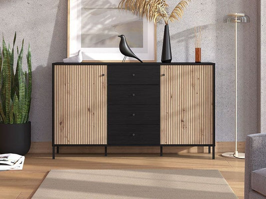 Moss Slatted Artisan Oak Effect And Black Sideboard