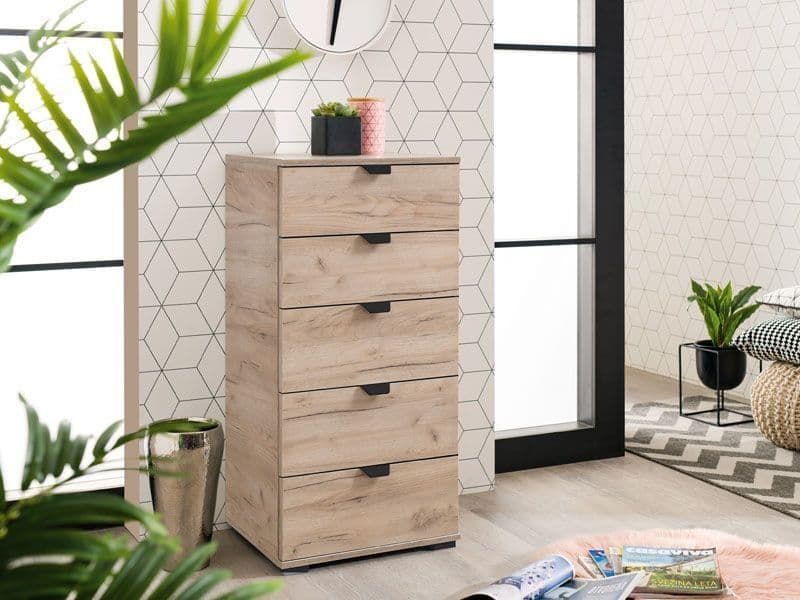 Merritt Oak Effect Narrow 5 Drawer Chest