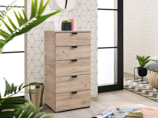 Merritt Oak Effect Narrow 5 Drawer Chest