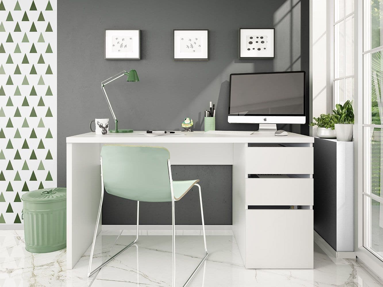 Mamou Artic White Office Desk with Cupboard and Drawers