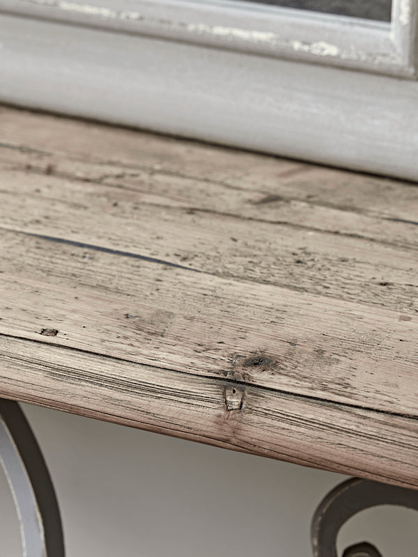 Ironwork and Reclaimed Pine Railing Console Table