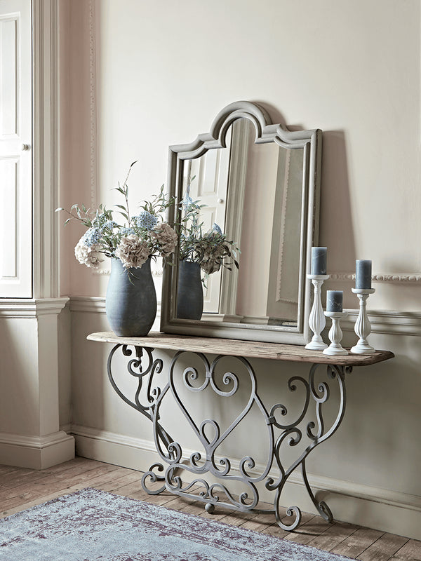 Ironwork and Reclaimed Pine Railing Console Table