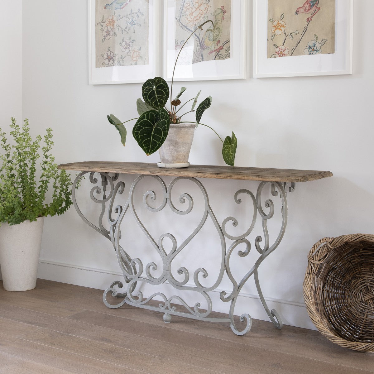 Ironwork and Reclaimed Pine Railing Console Table