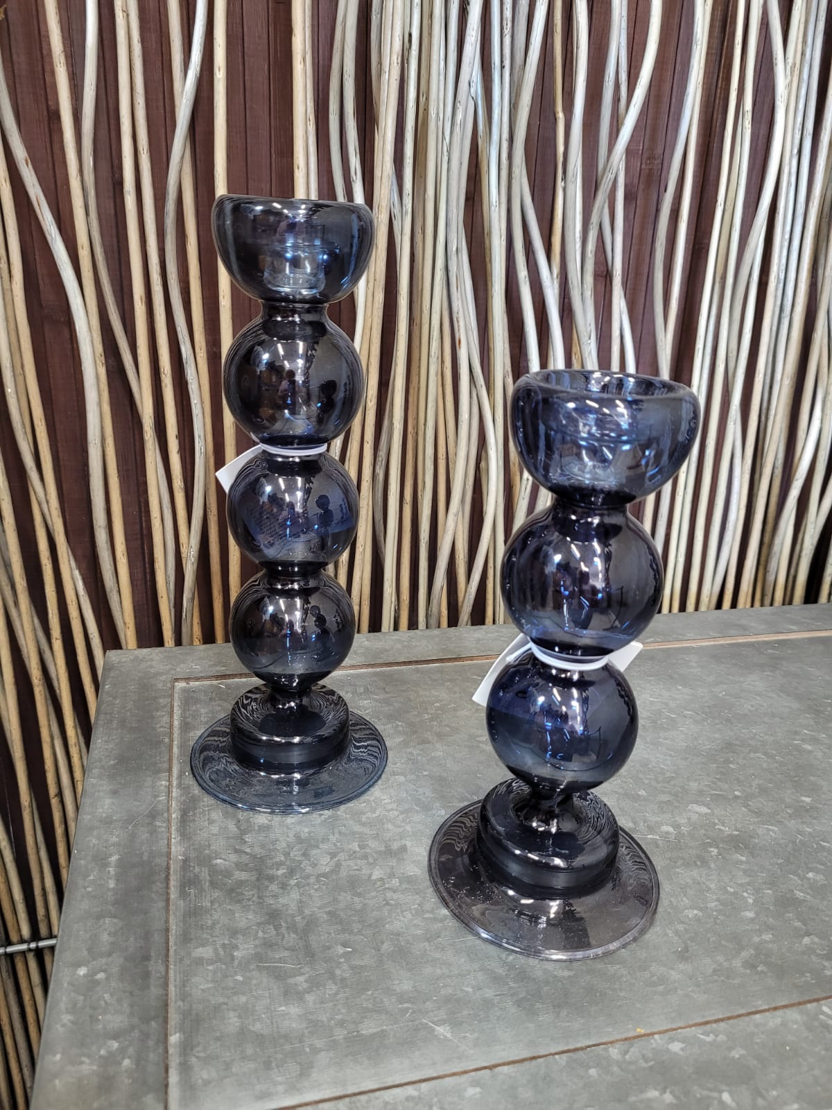 Pair of Ribbed Blue Candlestick Holders, 27cm