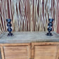 Pair of Ribbed Blue Candlestick Holders, 21cm