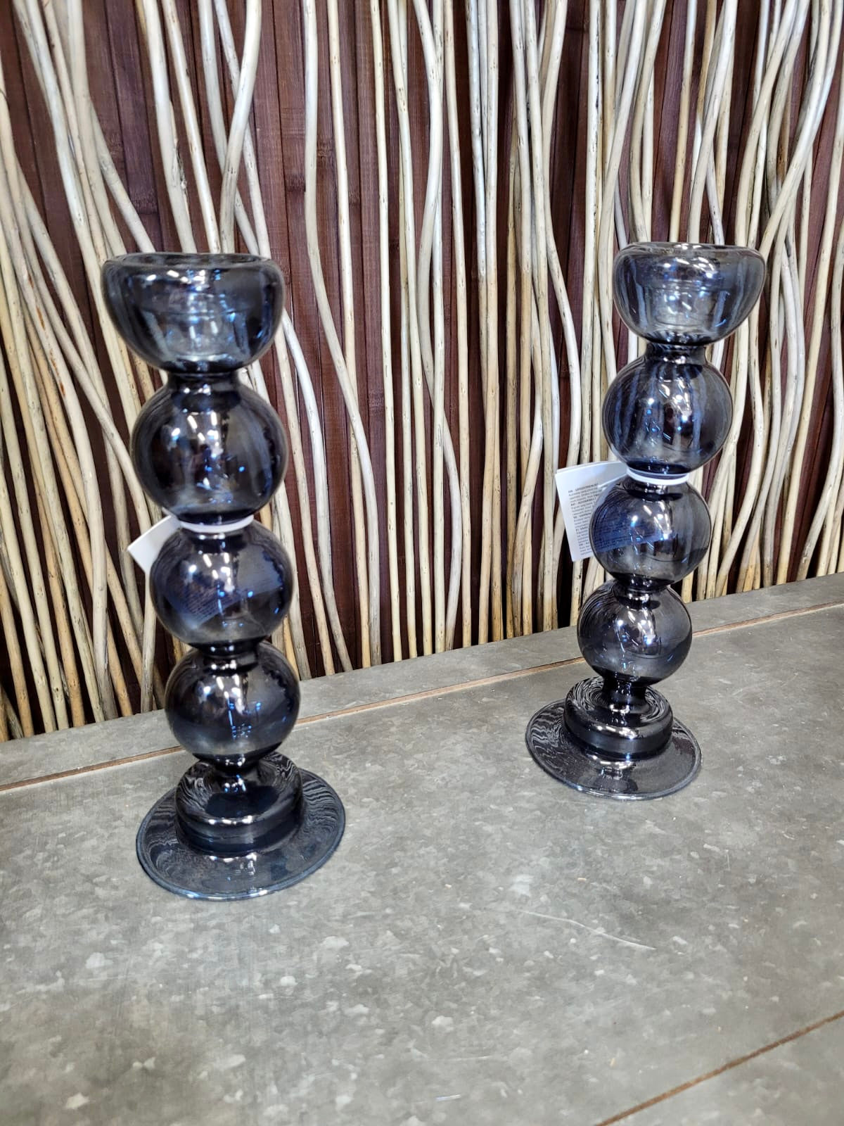 Pair of Ribbed Blue Candlestick Holders, 27cm