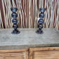 Pair of Ribbed Blue Candlestick Holders, 27cm